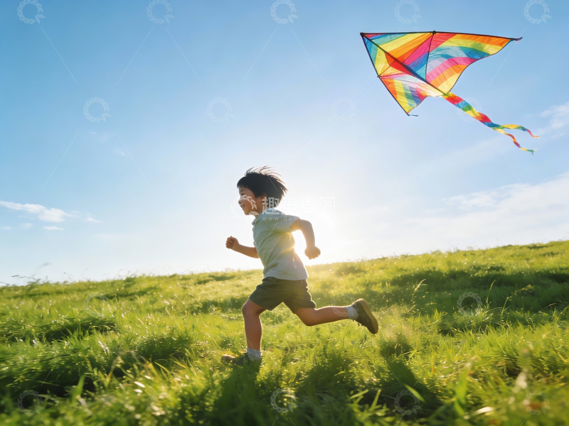 高清大图下载【趣麦麦图】小男孩草地上放风筝