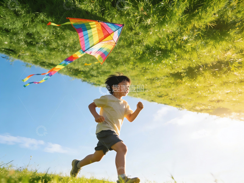高清大图下载【趣麦麦图】小男孩草地上放风筝