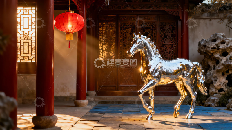 高清大图下载【趣麦麦图】古典庭院银马雕像与红灯笼