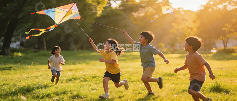 高清大图下载【趣麦麦图】四个孩子户外放风筝