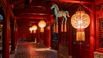 古色古香长廊夜景灯笼马