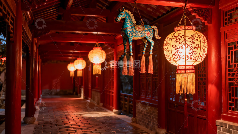 高清大图下载【趣麦麦图】古色古香长廊夜景灯笼马