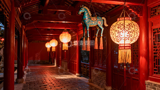 古色古香长廊夜景灯笼马