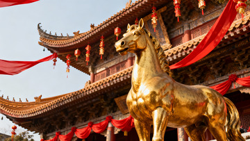 金色马雕像与传统建筑