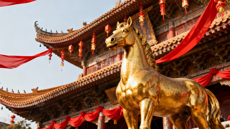 高清大图下载【趣麦麦图】金色马雕像与传统建筑