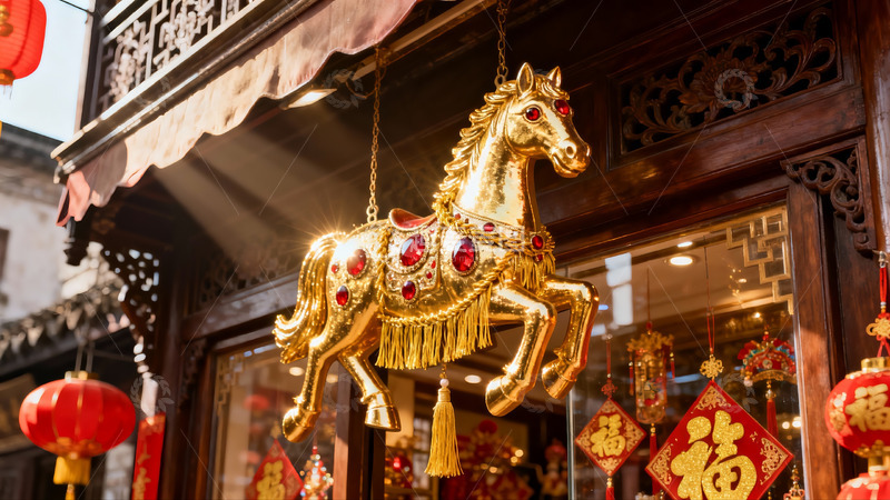 高清大图下载【趣麦麦图】金色马饰挂于传统店铺门前
