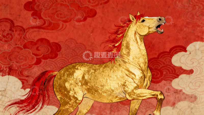高清大图下载【趣麦麦图】金色骏马奔腾于祥云之上