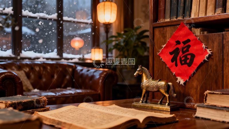 高清大图下载【趣麦麦图】雪夜书房静谧场景