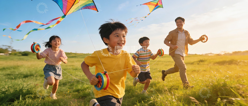 高清大图下载【趣麦麦图】一家四口户外放风筝