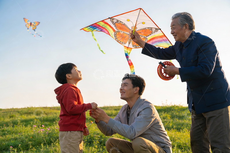 高清大图下载【趣麦麦图】三代人户外放风筝其乐融融