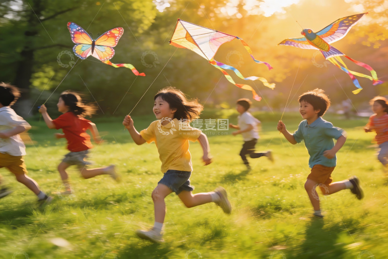 高清大图下载【趣麦麦图】孩子们户外放风筝欢乐奔跑