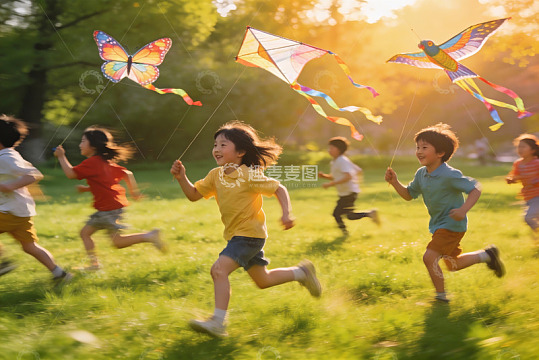 孩子们户外放风筝欢乐奔跑