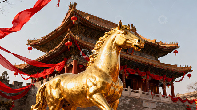 金色骏马雕像与古建筑红绸装饰