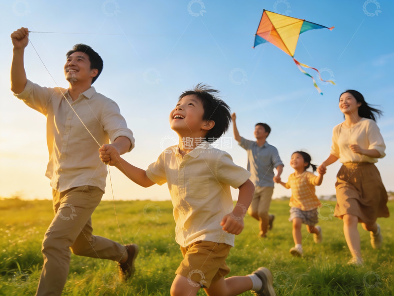 高清大图下载【趣麦麦图】一家五口草地上放风筝