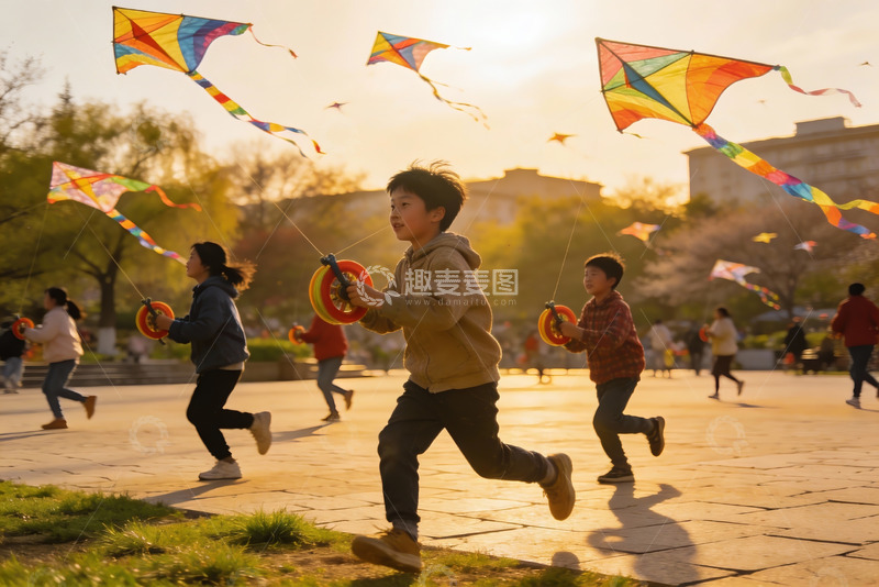 高清大图下载【趣麦麦图】孩子们公园放风筝欢乐场景