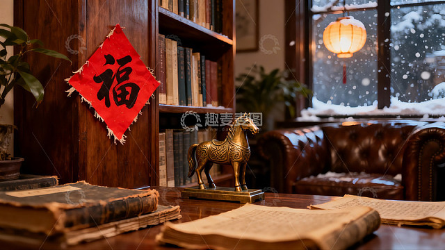 书房雪景古书铜马