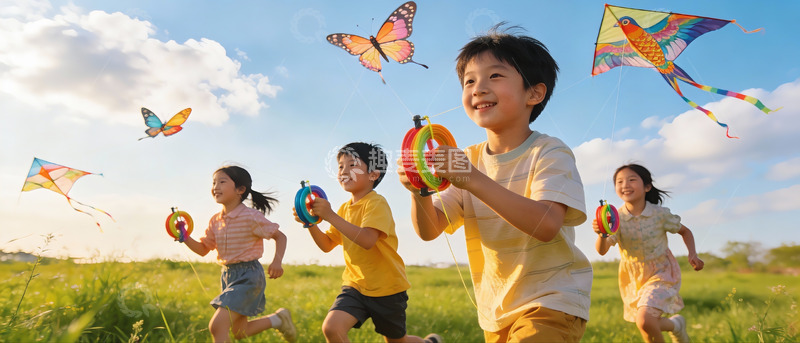 高清大图下载【趣麦麦图】孩子们户外放风筝欢乐奔跑