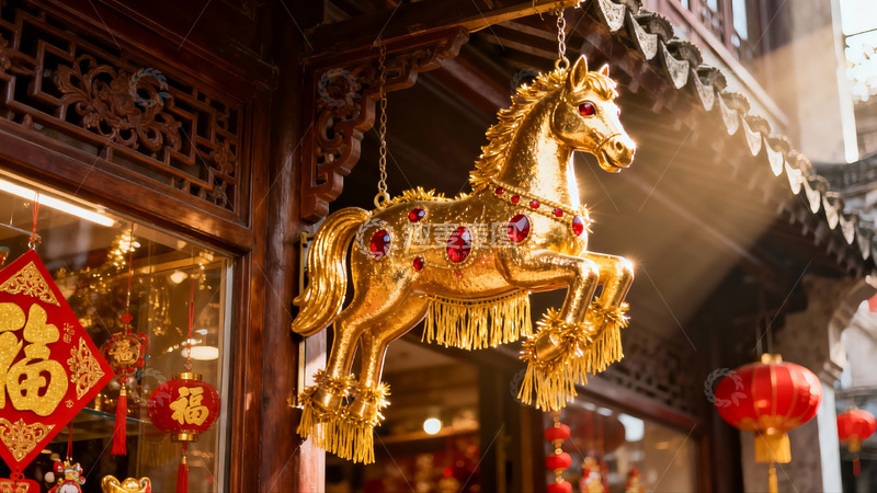 高清大图下载【趣麦麦图】金色马饰挂于古建筑前