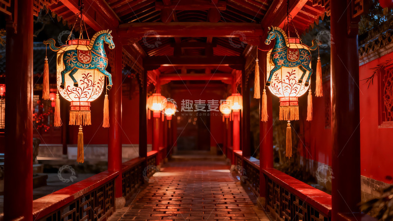 高清大图下载【趣麦麦图】古色古香长廊夜景灯笼高挂