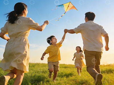 一家四口草地上放风筝