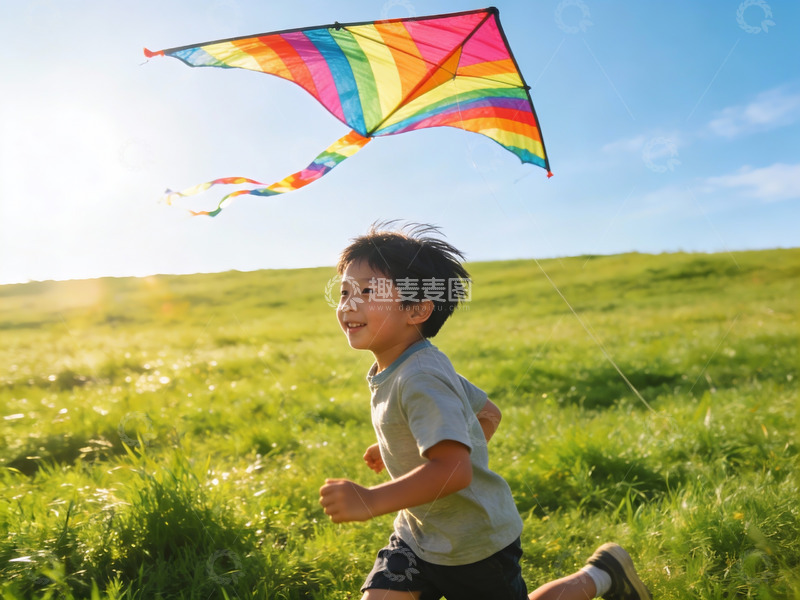 高清大图下载【趣麦麦图】小男孩草地上放风筝