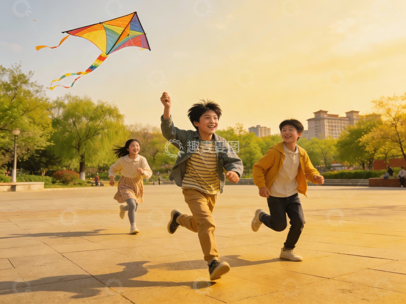 高清大图下载【趣麦麦图】三名儿童公园放风筝奔跑