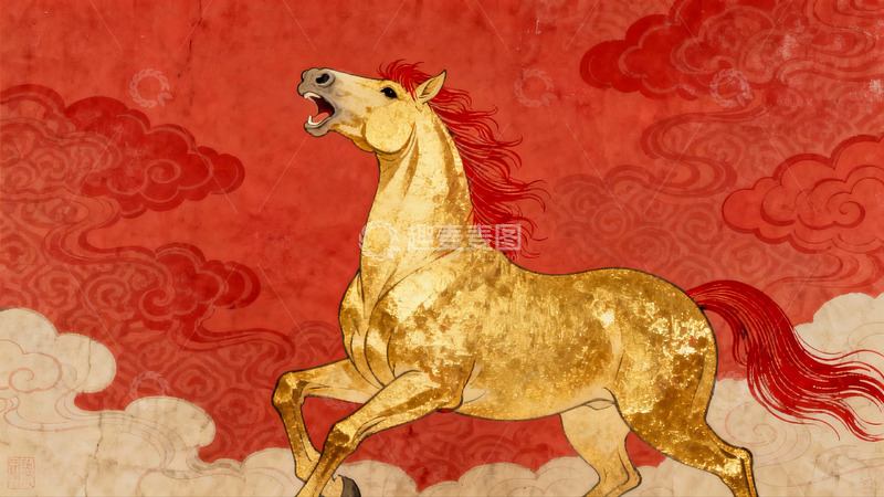 高清大图下载【趣麦麦图】金色骏马奔腾于祥云之上