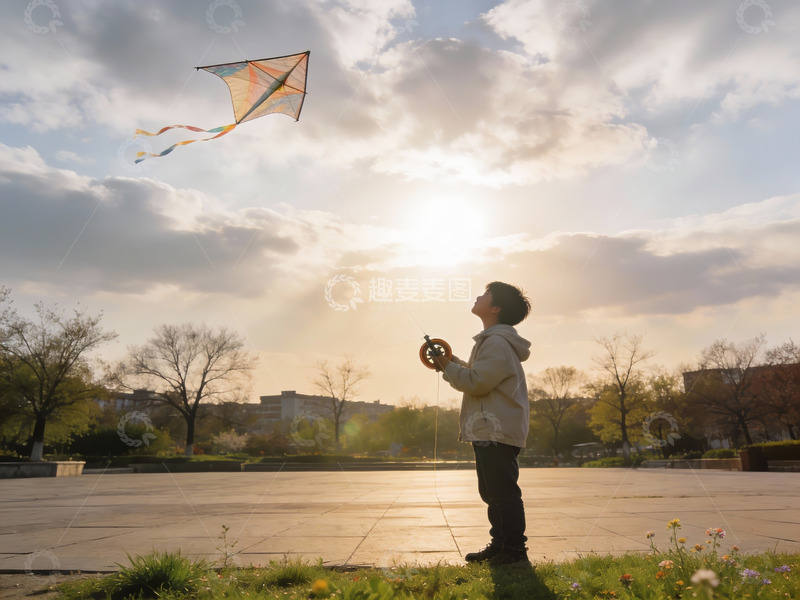 高清大图下载【趣麦麦图】少年放飞风筝沐浴夕阳