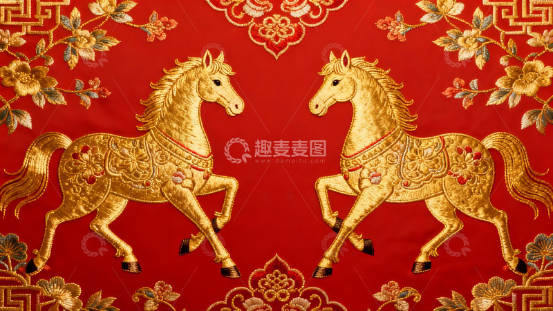 高清大图下载【趣麦麦图】红色底金色马匹刺绣图案