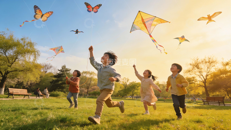 高清大图下载【趣麦麦图】孩子们户外放风筝欢乐场景