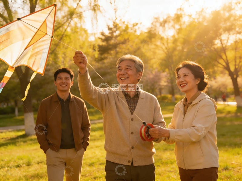 高清大图下载【趣麦麦图】三代同堂公园放风筝