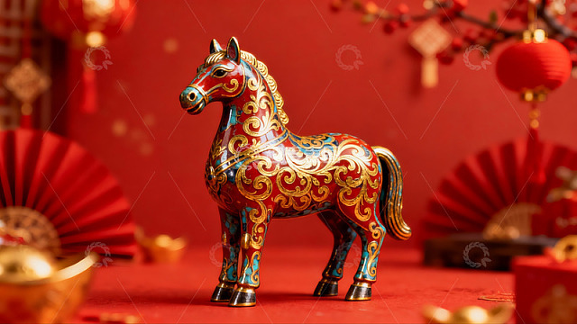 红色背景下的金色马形摆件