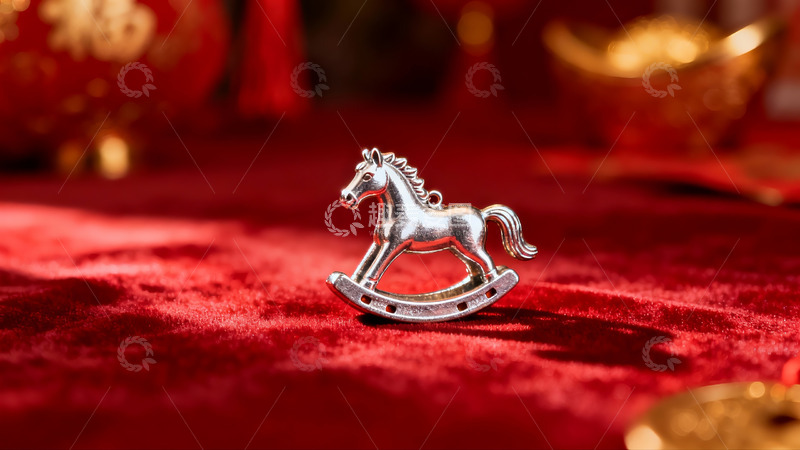 高清大图下载【趣麦麦图】银色摇马摆件置于红色布料之上