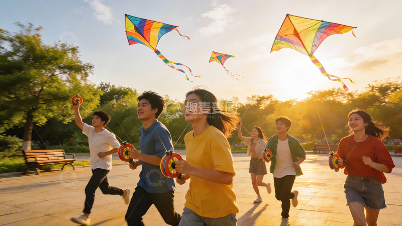 高清大图下载【趣麦麦图】青春奔跑放飞风筝欢乐场景
