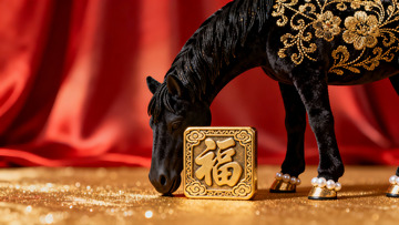 金色福字与黑绒马雕