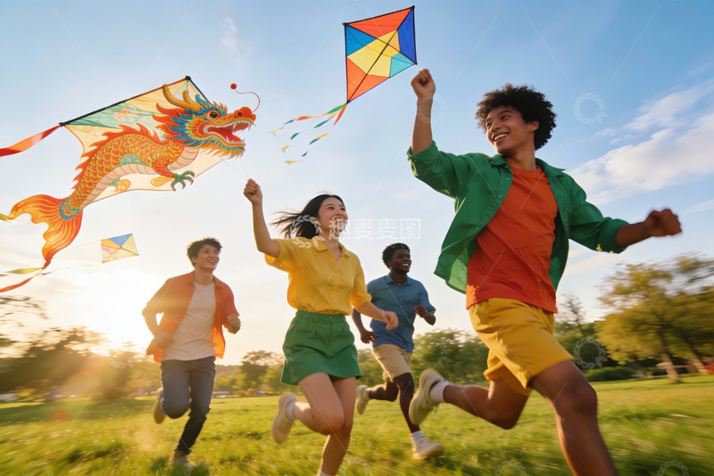 高清大图下载【趣麦麦图】青年户外放风筝欢乐奔跑