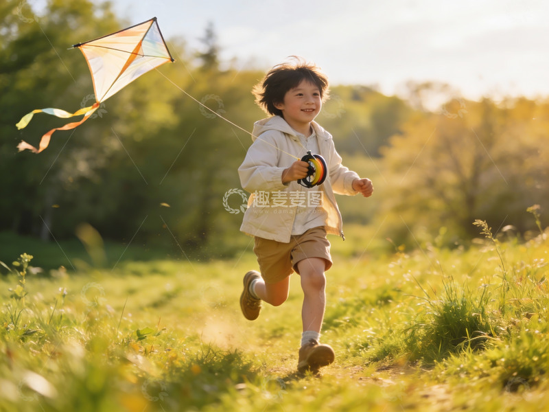高清大图下载【趣麦麦图】小男孩户外奔跑放风筝