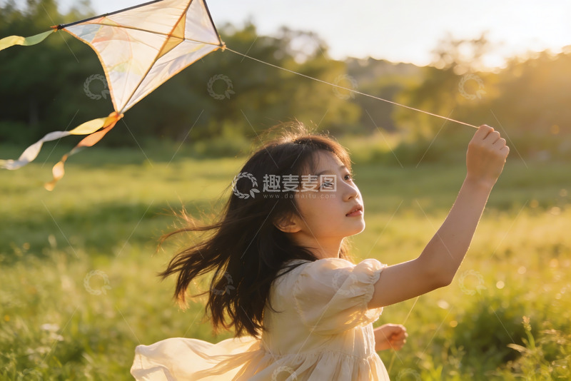 高清大图下载【趣麦麦图】小女孩户外放风筝
