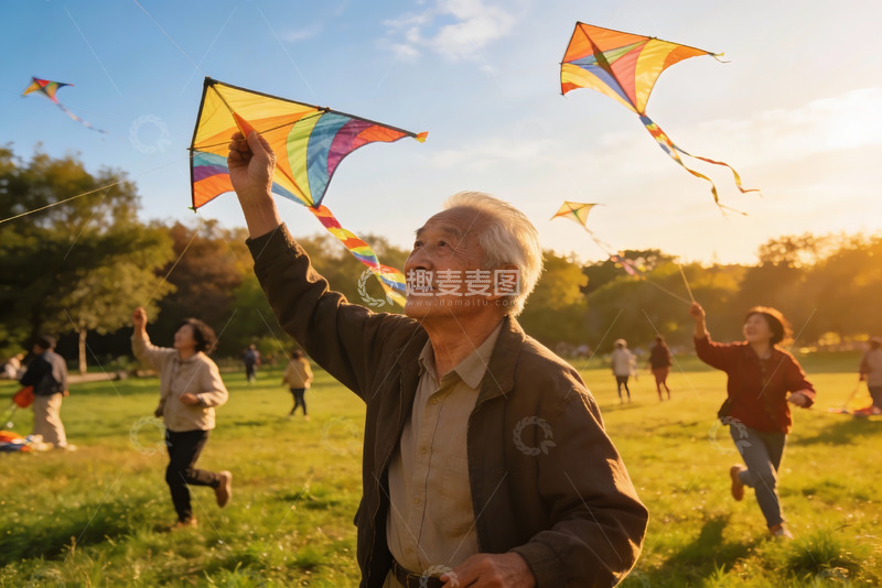 高清大图下载【趣麦麦图】老人公园放风筝其乐融融