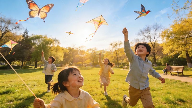 高清大图下载【趣麦麦图】孩子们户外放风筝欢乐场景