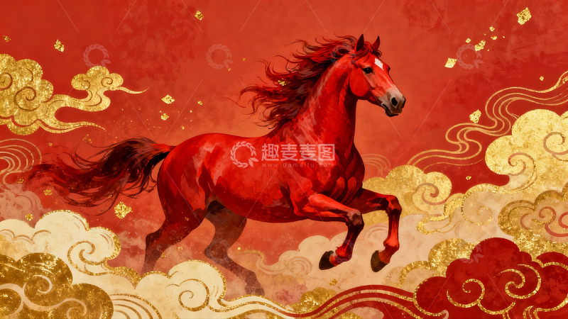 高清大图下载【趣麦麦图】红色骏马奔腾祥云环绕
