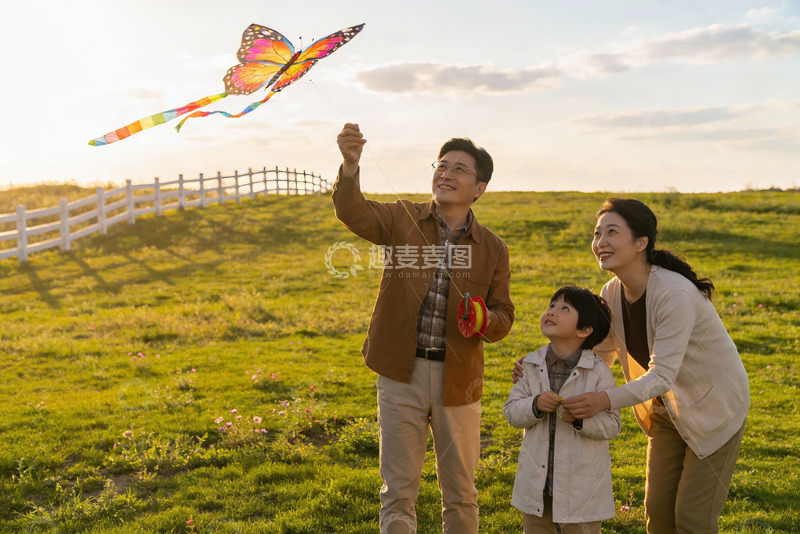 高清大图下载【趣麦麦图】一家三口户外放风筝