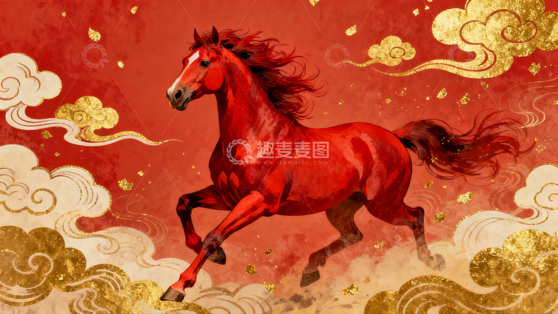 高清大图下载【趣麦麦图】红色骏马奔腾祥云环绕