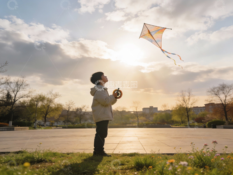 高清大图下载【趣麦麦图】男孩放风筝于公园