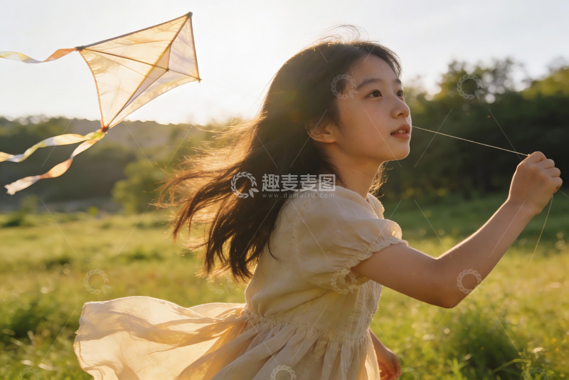 高清大图下载【趣麦麦图】小女孩户外放风筝