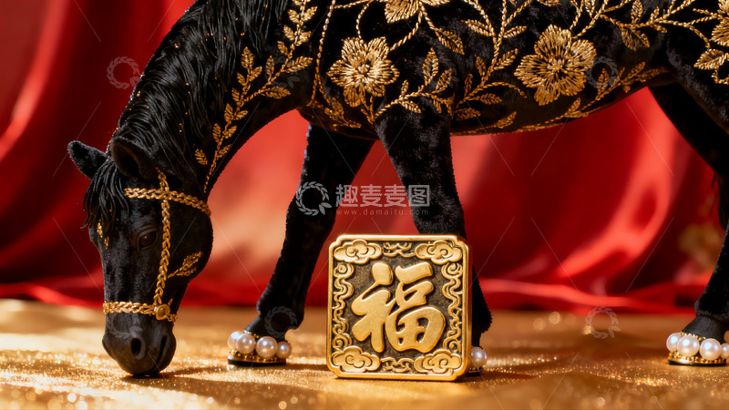 高清大图下载【趣麦麦图】金色刺绣黑马雕像与福字摆件