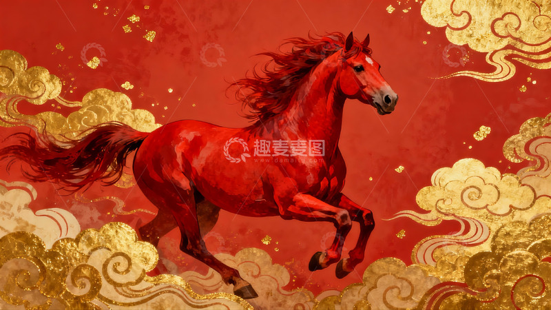 高清大图下载【趣麦麦图】红色骏马奔腾于祥云之上