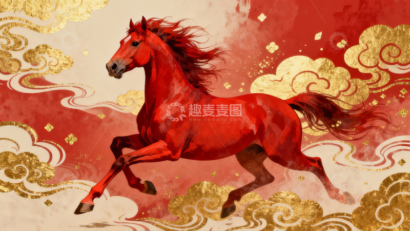 高清大图下载【趣麦麦图】红色骏马奔腾祥云环绕