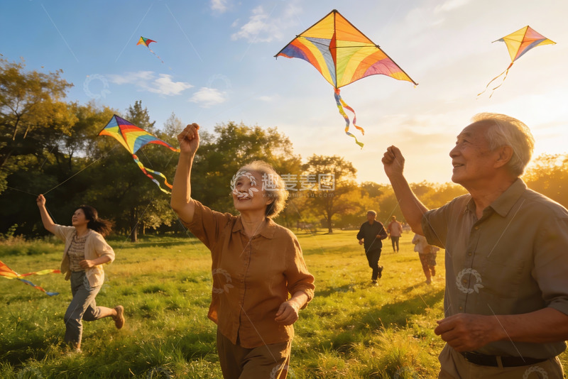 高清大图下载【趣麦麦图】老人户外放风筝欢乐场景