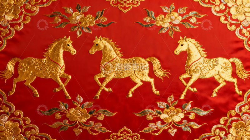 高清大图下载【趣麦麦图】红色底金色马匹刺绣图案
